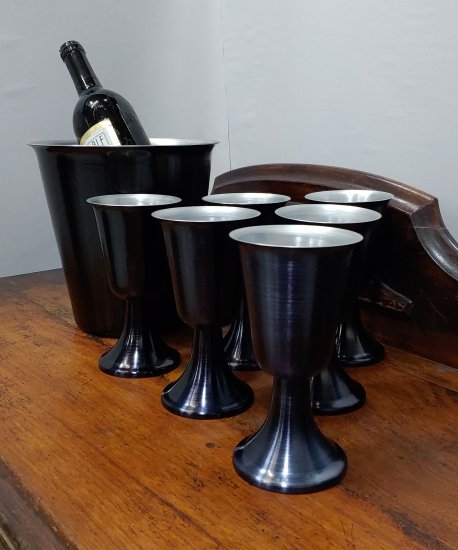 Aluminum Aluminumized Black Wine/Water Goblet & Ice Bucket Set - Click Image to Close