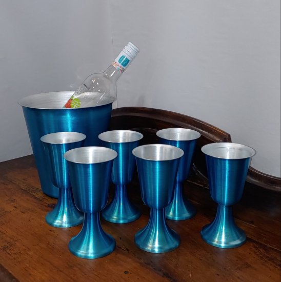 Aluminum Aluminumized Blue Wine/Water Goblet & Ice Bucket Set - Click Image to Close